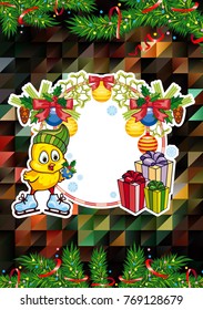 Winter holiday card with pine branches, cute chicken and free space for your greeting Christmas text. Vector clip art.