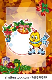 Winter holiday card with pine branches, cute chicken and free space for your greeting Christmas text. Vector clip art.