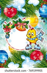 Winter holiday card with pine branches, cute chicken and free space for your greeting Christmas text. Vector clip art.