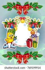 Winter holiday card with pine branches, cute chicken and free space for your greeting Christmas text. Vector clip art.