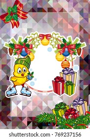 Winter holiday card with pine branches, cute chicken and free space for your greeting Christmas text. Vector clip art.