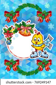 Winter holiday card with pine branches, cute chicken and free space for your greeting Christmas text. Vector clip art.