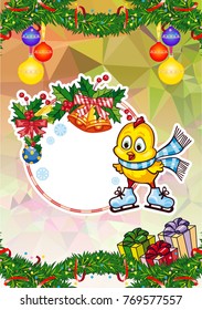 Winter holiday card with pine branches, cute chicken and free space for your greeting Christmas text. Vector clip art.