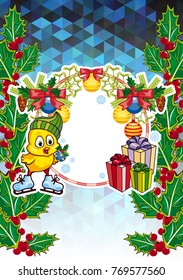 Winter holiday card with pine branches, cute chicken and free space for your greeting Christmas text. Vector clip art.