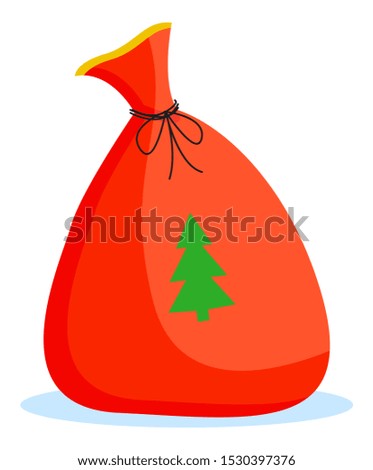 Winter holiday card sack with fir-tree symbol in red color. Festive postcard with Santa Claus bag with Xmas tree. Christmas bag with New Year accessory for presents with bow and wood vector flat style