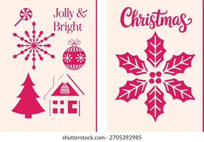 Tarjeta del Festiva del invierno fijada con la Ilustración vectorial de las decoraciones de los dulces, de la flor de Pascua, del ornamento, de la casa, y del árbol perenne en fondo beige