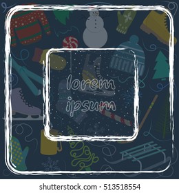 winter holiday card with space for text on background of winter fun symbols