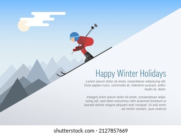 Winter holiday card template - Flat design Skier sliding from the snowy hill in the winter vector illustration. With place for your text or visual content