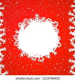 Winter holiday card template with snowfall. Greeting poster design with red background and snowflakes.