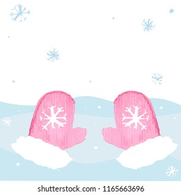 Winter holiday card template with two pink mittens and snowflakes. Free space for text and design.