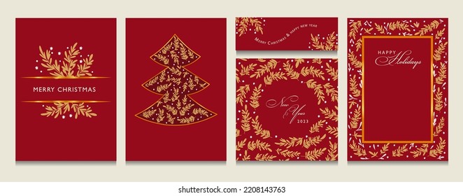 Fondo vectorial de la tarjeta de vacaciones de invierno, juego de marcos de la fiesta de navidad de Feliz, diseño floral del borde de la fiesta
