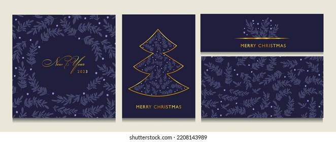 Winter holiday card vector background, Merry Christmas party frame set, party border floral ornament Christmas design