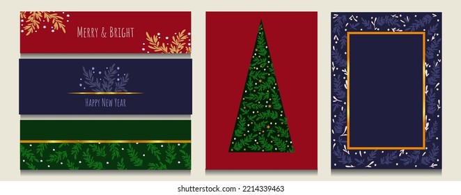 Winter holiday card vector background, Merry Christmas party frame set, party border floral ornament Christmas design