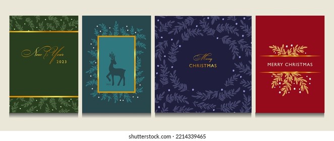 Winter holiday card vector background, Merry Christmas party frame set, party border floral ornament Christmas design