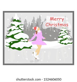 Winter holiday card. Vector illustration. Girl skating in the winter forest. Merry Christmas greetings. Illustration for Christmas and New Year