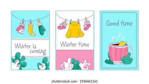Winter holiday card, vector illustration. Happy greeting postcard with christmas season decoration, celebration poster set. Merry xmas invitation