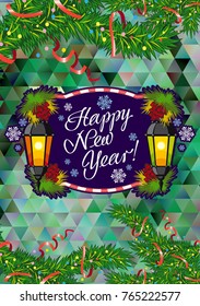 Winter holiday card with vintage lanterns, pine branches and artistic written text "Happy New Year!". Design element for greeting cards and other graphic designer works. Vector clip art.