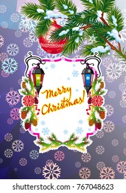 Winter holiday card with vintage lanterns, pine branches and artistic written text "Merry Christmas!". Design element for greeting cards and other graphic designer works. Vector clip art.