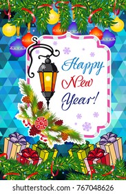 Winter holiday card with vintage lanterns, pine branches and artistic written text "Happy New Year!". Design element for greeting cards and other graphic designer works. Vector clip art.