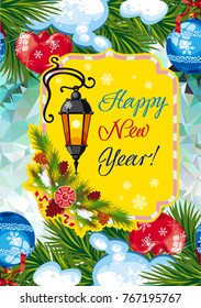 Winter holiday card with vintage lanterns, pine branches and artistic written text "Happy New Year!". Design element for greeting cards and other graphic designer works. Vector clip art.