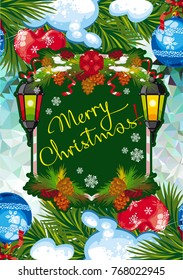 Winter holiday card with vintage lanterns, pine branches and artistic written text "Merry Christmas!". Design element for greeting cards and other graphic designer works. Vector clip art.