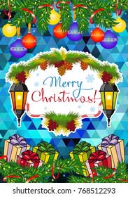 Winter holiday card with vintage lanterns, pine branches and artistic written text "Merry Christmas!". Design element for greeting cards and other graphic designer works. Vector clip art.