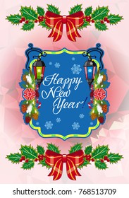 Winter holiday card with vintage lanterns, pine branches and artistic written text "Happy New Year!". Design element for greeting cards and other graphic designer works. Vector clip art.