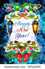 Winter holiday card with vintage lanterns, pine branches and artistic written text "Happy New Year!". Design element for greeting cards and other graphic designer works.Vector clip art