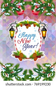 Winter holiday card with vintage lanterns, pine branches and artistic written text "Happy New Year!". Design element for greeting cards and other graphic designer works. Vector clip art.