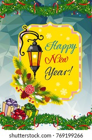 Winter holiday card with vintage lanterns, pine branches and artistic written text "Happy New Year!". Design element for greeting cards and other graphic designer works. Vector clip art.
