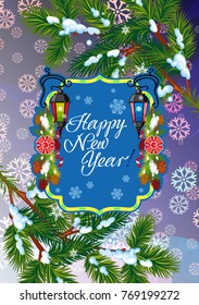 Winter holiday card with vintage lanterns, pine branches and artistic written text "Happy New Year!". Design element for greeting cards and other graphic designer works. Vector clip art.