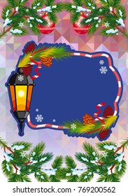 Winter holiday card with vintage lanterns. Copy space. Design element for Christmas greeting cards and other graphic designer works. Vector clip art.