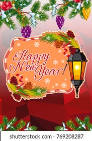 Winter holiday card with vintage lanterns, pine branches and artistic written text "Happy New Year!". Design element for greeting cards and other graphic designer works.Vector clip art