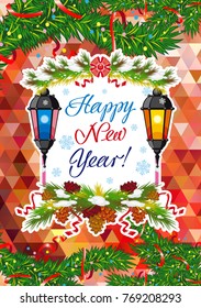 Winter holiday card with vintage lanterns, pine branches and artistic written text "Happy New Year!". Design element for greeting cards and other graphic designer works.Vector clip art