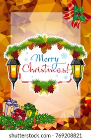 Winter holiday card with vintage lanterns, pine branches and artistic written text "Merry Christmas!". Design element for greeting cards and other graphic designer works. Vector clip art.