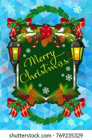 Winter holiday card with vintage lanterns, pine branches and artistic written text "Merry Christmas!". Design element for greeting cards and other graphic designer works. Vector clip art.
