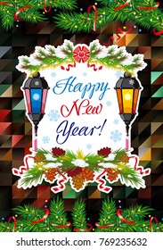 Winter holiday card with vintage lanterns, pine branches and artistic written text "Happy New Year!". Design element for greeting cards and other graphic designer works.Vector clip art