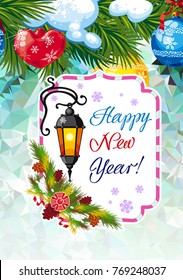 Winter holiday card with vintage lanterns, pine branches and artistic written text "Happy New Year!". Design element for greeting cards and other graphic designer works. Vector clip art.