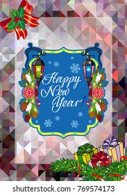 Winter holiday card with vintage lanterns, pine branches and artistic written text "Happy New Year!". Design element for greeting cards and other graphic designer works. Vector clip art