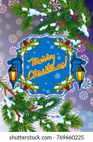 Winter holiday card with vintage lanterns, pine branches and artistic written text "Merry Christmas!". Design element for greeting cards and other graphic designer works. Vector clip art.