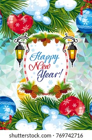 Winter holiday card with vintage lanterns, pine branches and artistic written text "Happy New Year!". Design element for greeting cards and other graphic designer works.Vector clip art