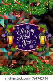 Winter holiday card with vintage lanterns, pine branches and artistic written text "Happy New Year!". Design element for greeting cards and other graphic designer works.Vector clip art