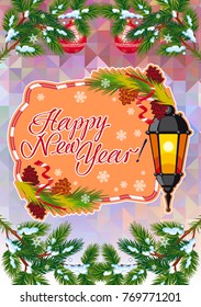 Winter holiday card with vintage lanterns, pine branches and artistic written text "Happy New Year!". Design element for greeting cards and other graphic designer works.Vector clip art