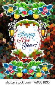 Winter holiday card with vintage lanterns, pine branches and artistic written text "Happy New Year!". Design element for greeting cards and other graphic designer works.Vector clip art