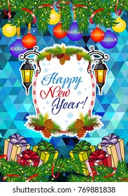 Winter holiday card with vintage lanterns, pine branches and artistic written text "Happy New Year!". Design element for greeting cards and other graphic designer works.Vector clip art
