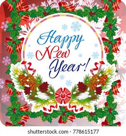 Winter holiday card with vintage lanterns, pine branches and artistic written text "Happy New Year!". Design element for greeting cards and other graphic designer works. Vector clip art.