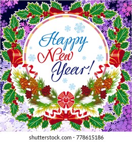 Winter holiday card with vintage lanterns, pine branches and artistic written text "Happy New Year!". Design element for greeting cards and other graphic designer works. Vector clip art.