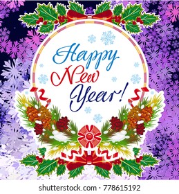 Winter holiday card with vintage lanterns, pine branches and artistic written text "Happy New Year!". Design element for greeting cards and other graphic designer works. Vector clip art.