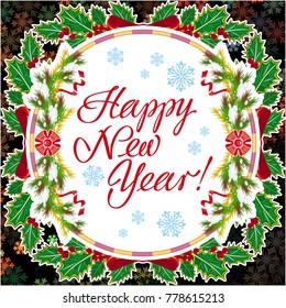 Winter holiday card with vintage lanterns, pine branches and artistic written text "Happy New Year!". Design element for greeting cards and other graphic designer works. Vector clip art.