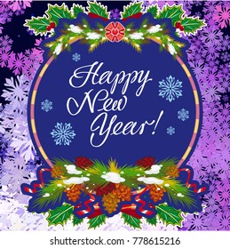 Winter holiday card with vintage lanterns, pine branches and artistic written text "Happy New Year!". Design element for greeting cards and other graphic designer works. Vector clip art.